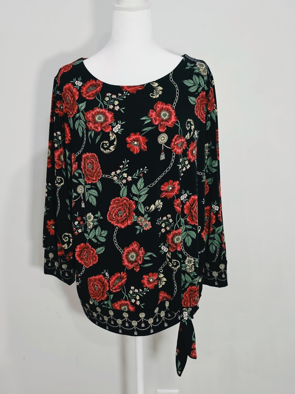 Rafaella Black blouse with Red Rose & Green Leaf Print